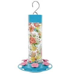 Nature's Way Charming Peony Decorative Glass Hummingbird Feeder - Teal Blue - 20 Oz Cap